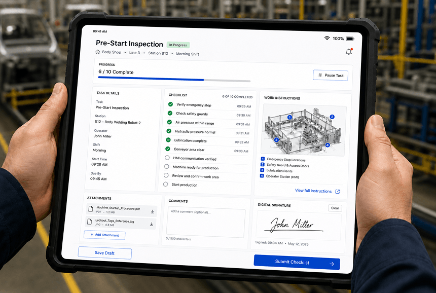 Operator using a tablet application on the shop floor
