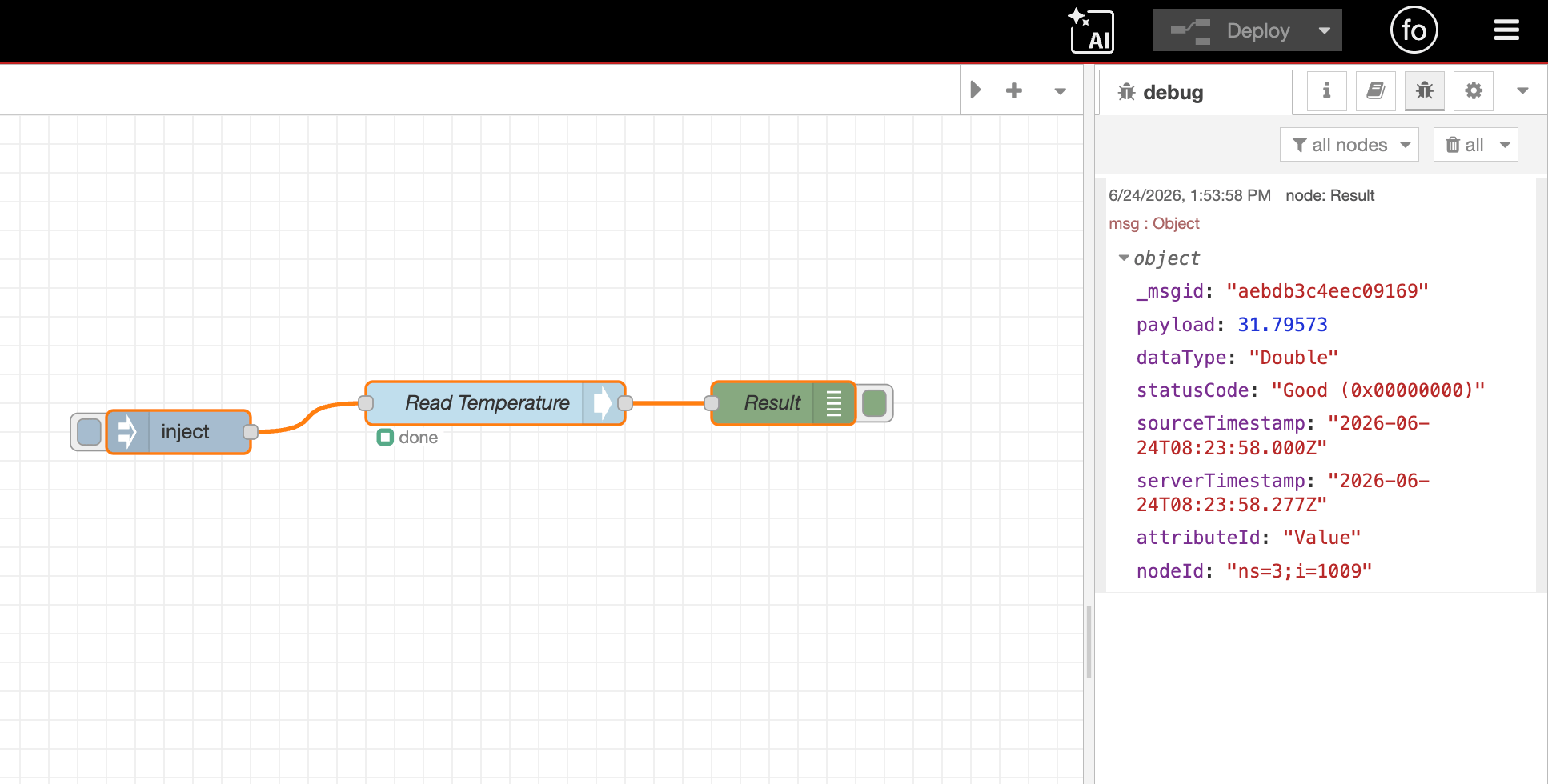 The debug sidebar showing a reading with msg.payload, msg.statusCode, and msg.sourceTimestamp expanded